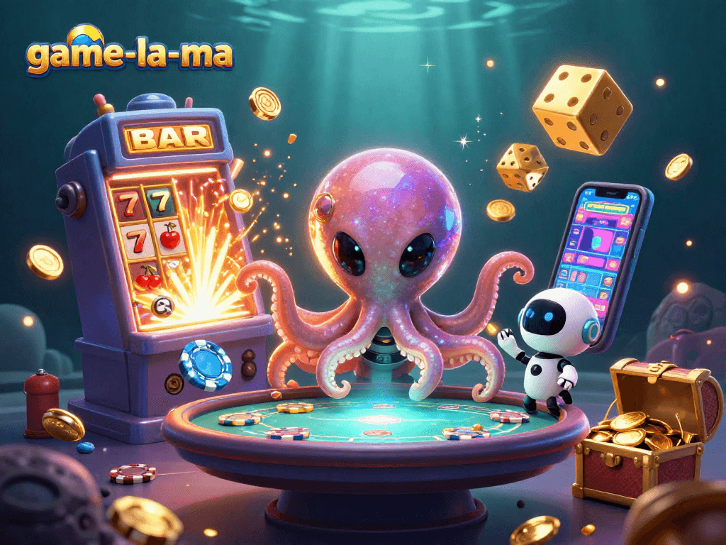 Experience thrilling gameplay with game-la-ma featuring a vibrant 3D alien octopus at a holographic poker table.