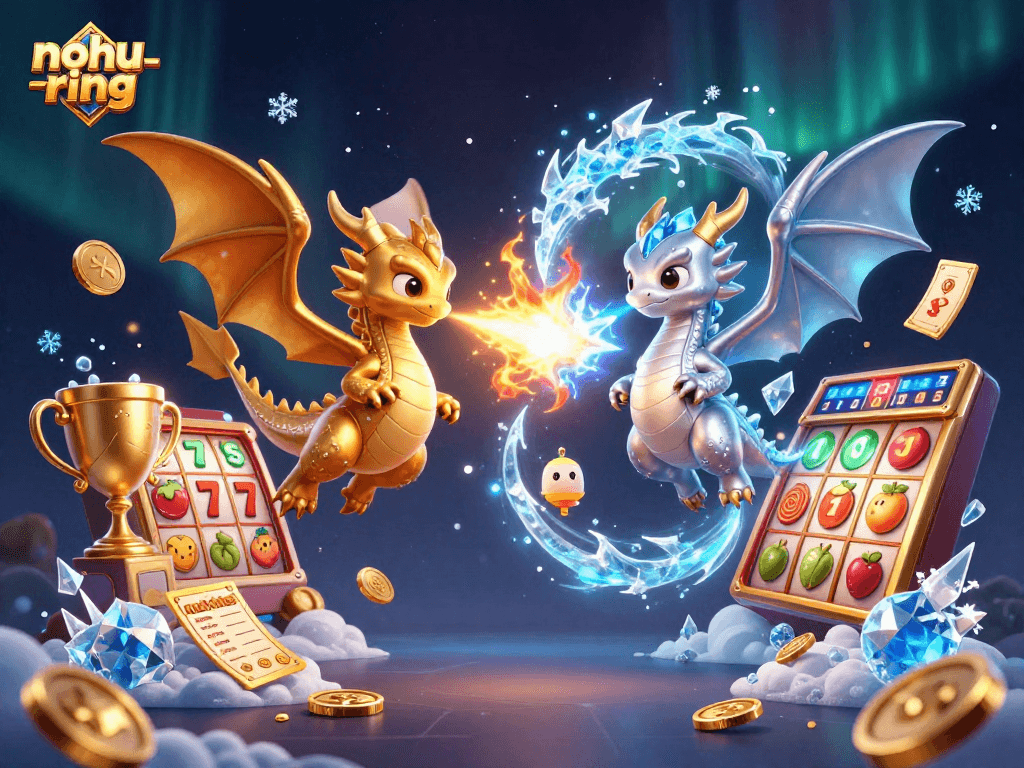 Nohu-ring features a thrilling dynamic scene with 3D dragons and slot game elements, combining excitement and jackpot action.