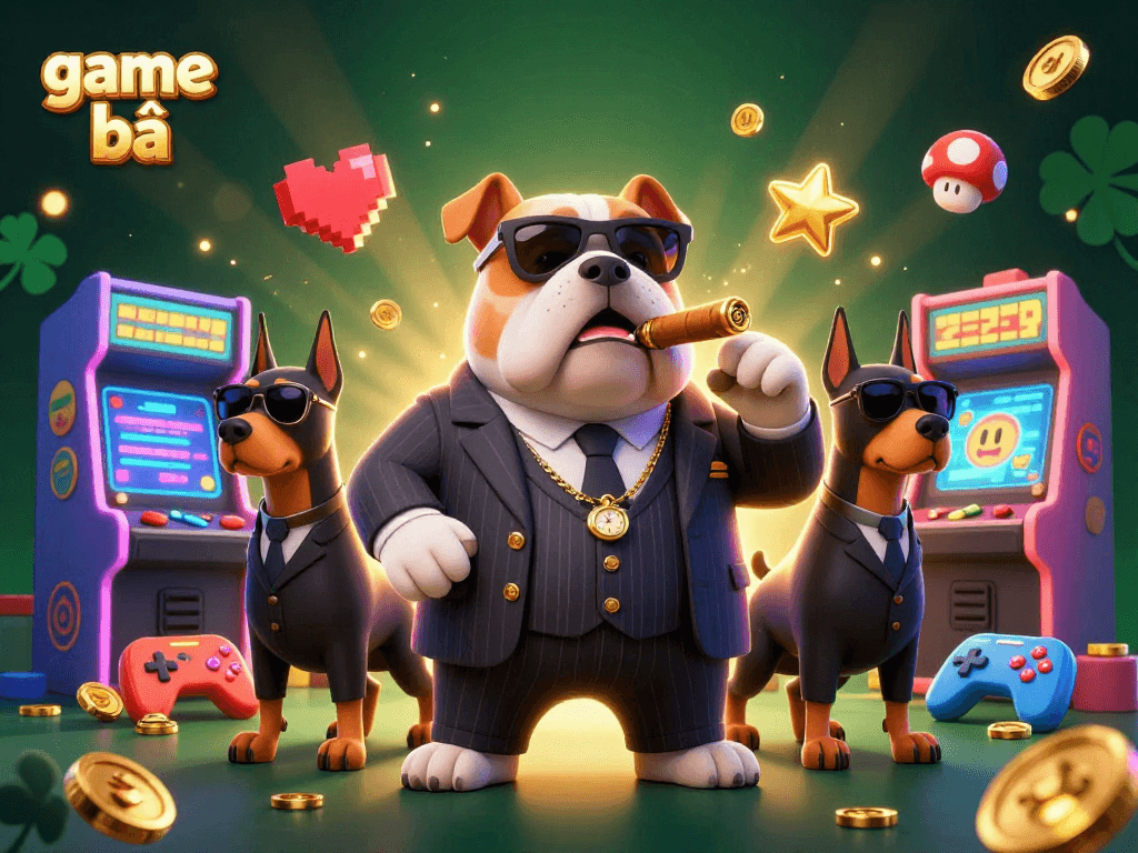 Engage in game bài with a mafia boss bulldog and bodyguard Dobermans in a vibrant casino scene.