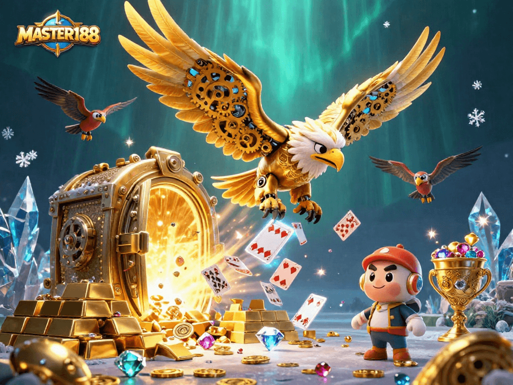 Experience the thrill of gaming with MASTER188 as a golden eagle dives through cascading cards among riches.