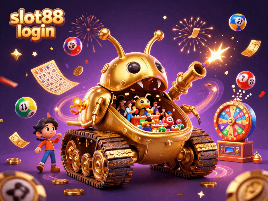 Experience the thrill of slot88 login with dynamic gambling elements and festive casino visuals.