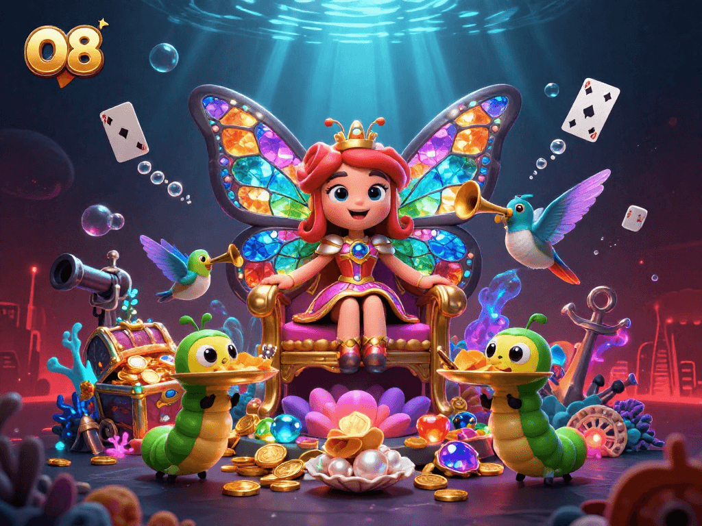 Experience the vibrant energy of O8, where a butterfly queen presides over gambling riches in a fantastical scene.