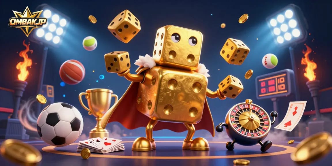 Engage with OMBAKJP in an exciting 3D casino scene featuring vibrant sports elements and golden symbols.