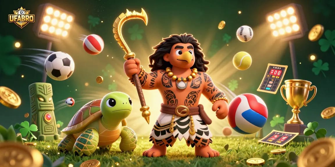 Experience the thrill at UFABRO with a vibrant 3D cartoon scene showcasing sports betting and casino elements.