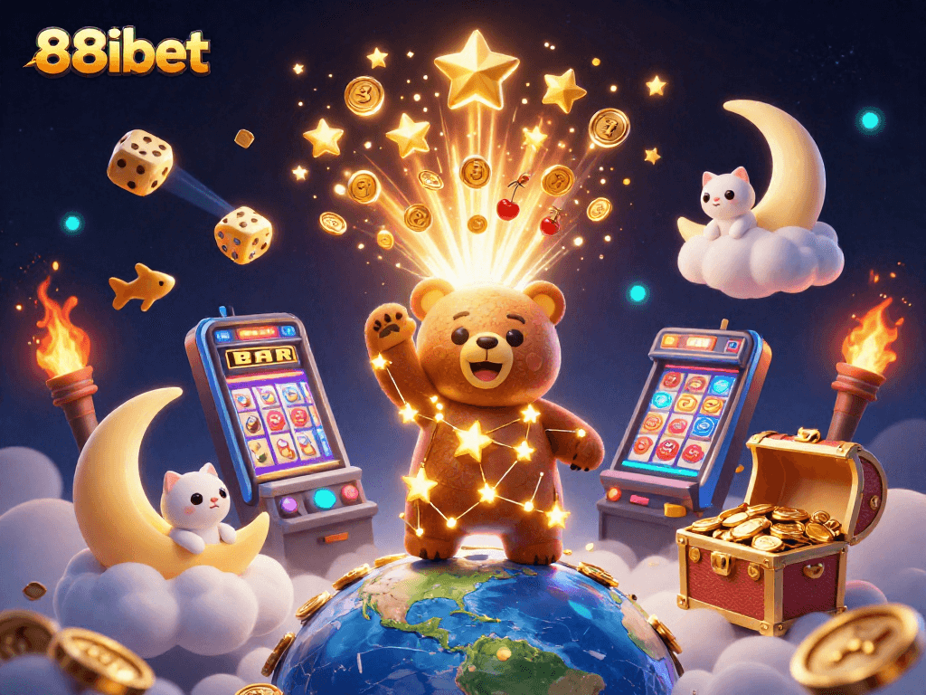 Experience thrilling wins with 88ibet in a vibrant 3D casino scene filled with engaging gaming symbols.