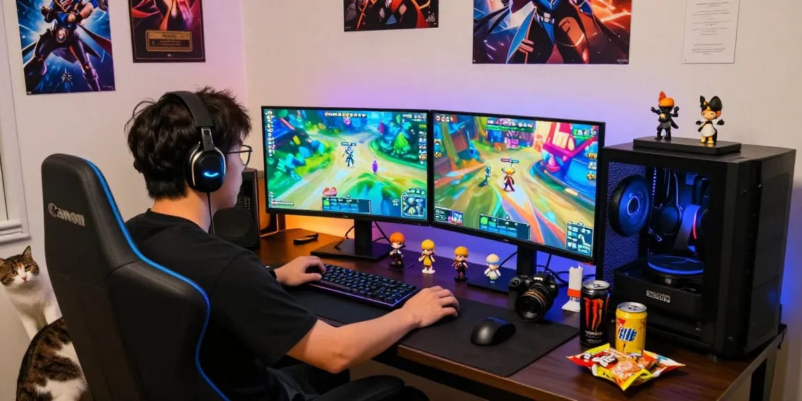 Gamer playing gacha168 with colorful setups and collectibles in a cozy gaming space.