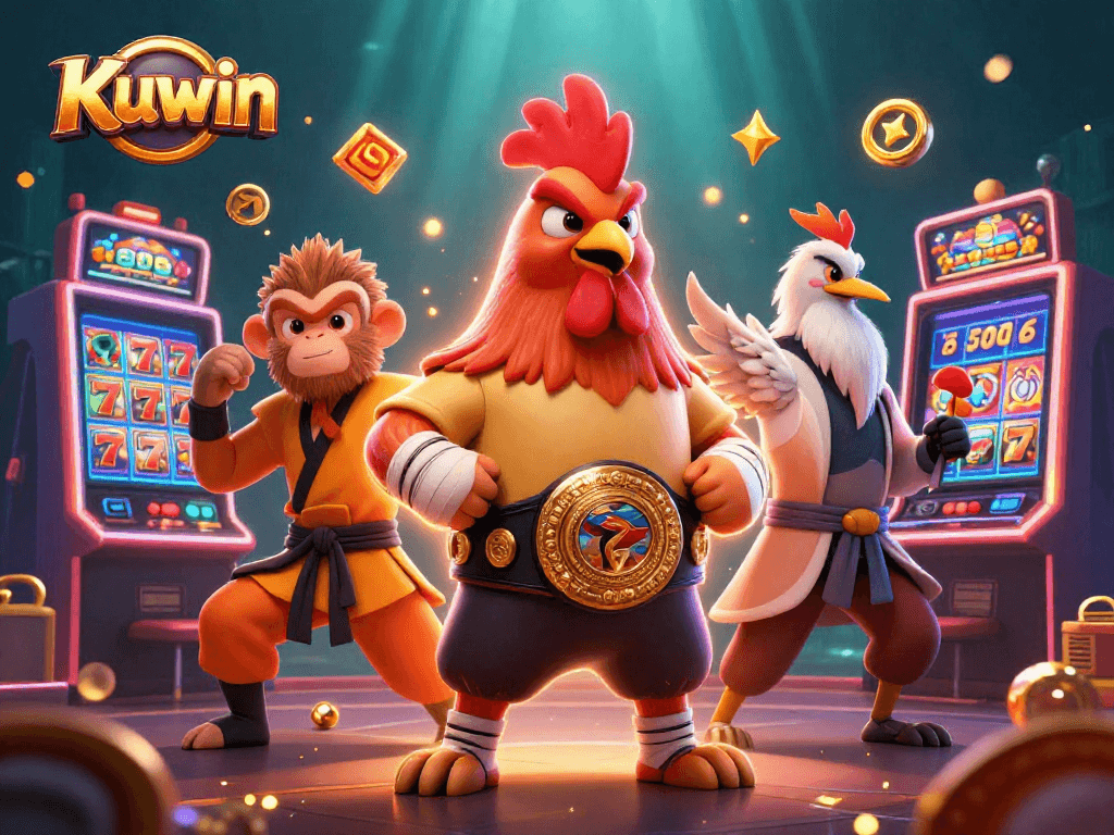 Kuwin slots showcase fierce rooster and martial artists winning big in a vibrant casino scene