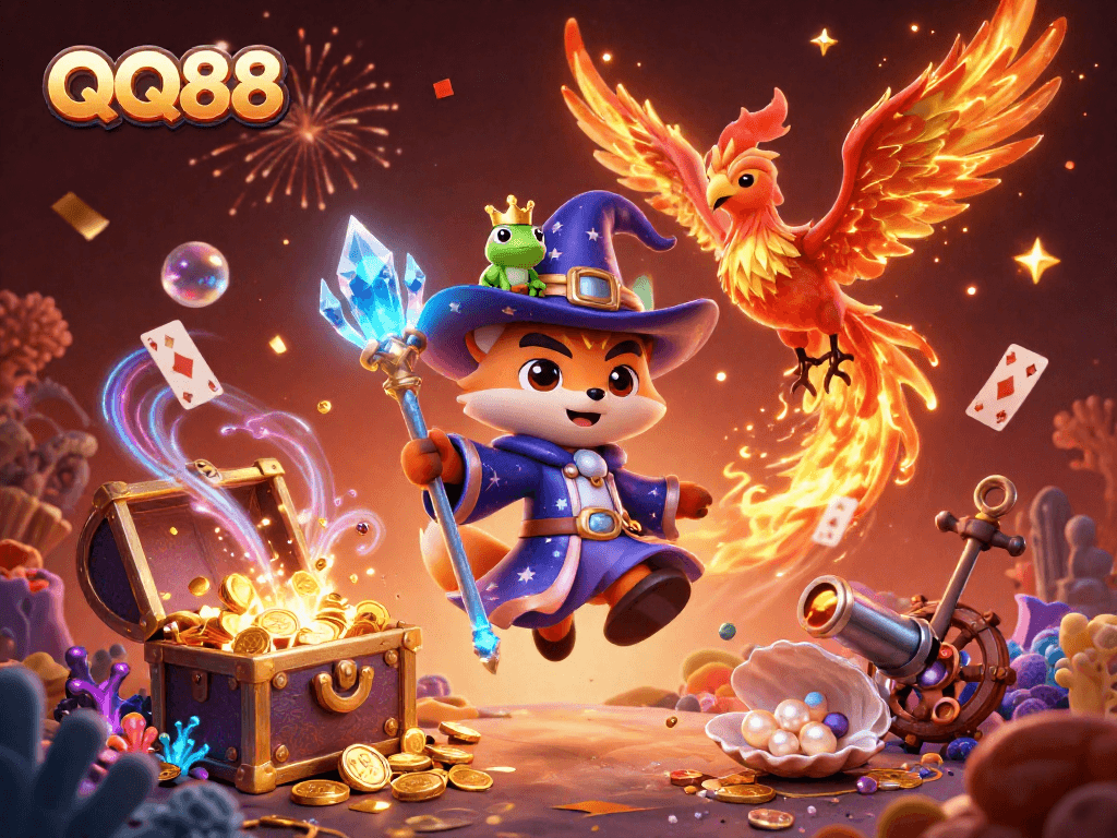 Engage with thrilling gaming at QQ88, featuring a wizard fox and phoenix with treasures and vibrant elements.