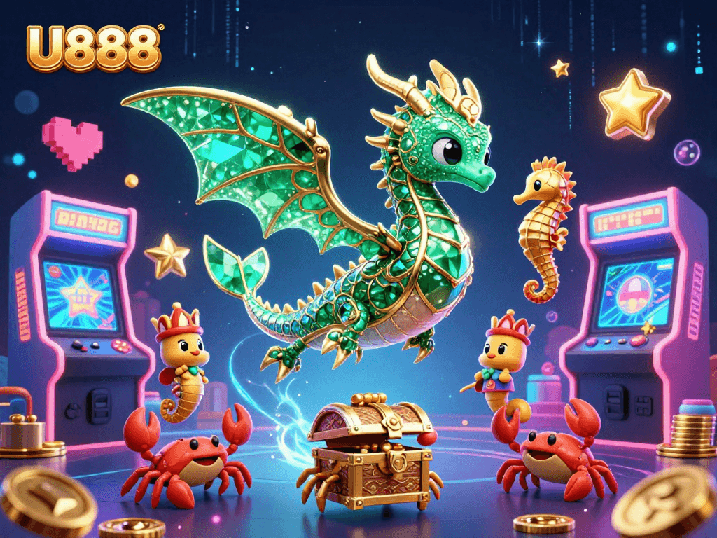 Experience the thrilling adventures of U888 with a dazzling underwater casino scene featuring a majestic sea dragon and vibrant gaming elements.