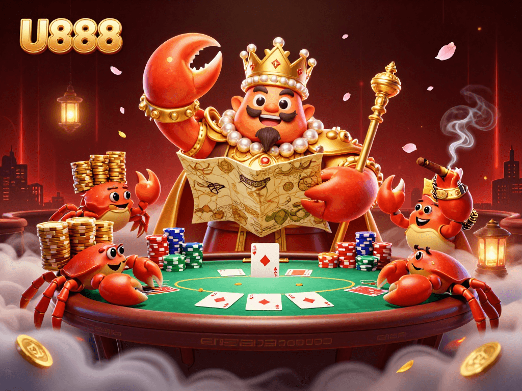 Play poker with U888's golden crab emperor and hermit crab servants in a vibrant casino adventure.
