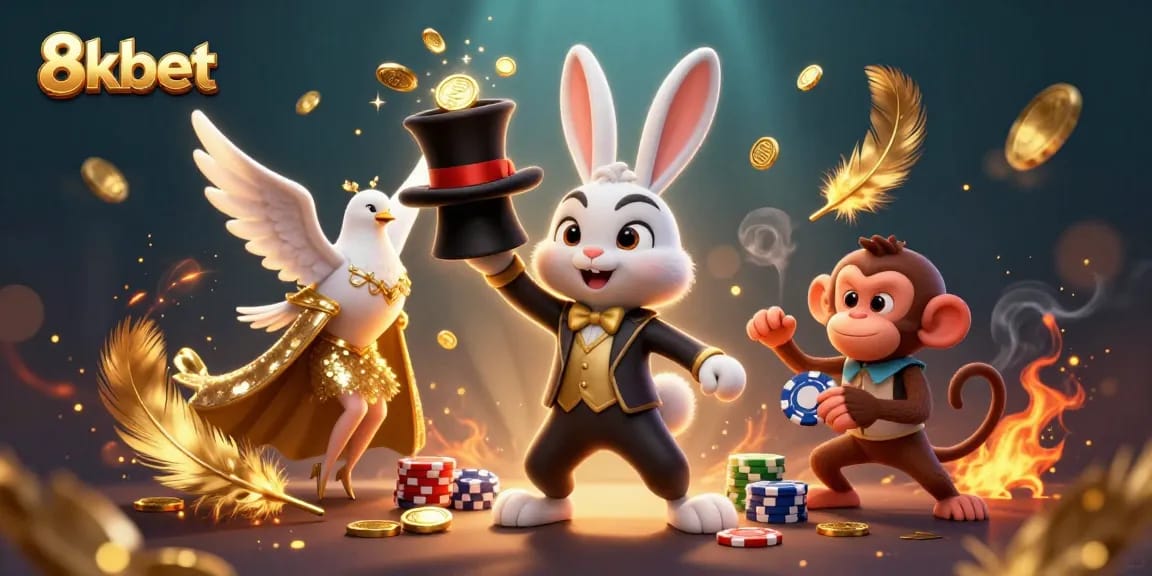 8kbet showcases a 3D scene with a magician rabbit and dove, pulling coins amidst poker chips.