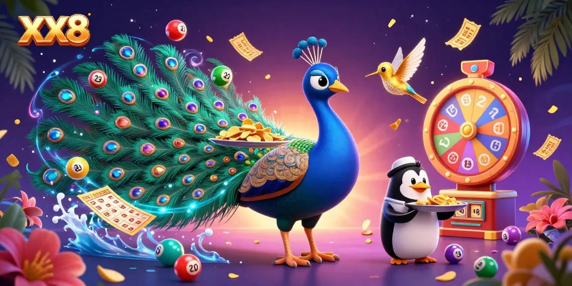 Experience vibrant excitement at XX8 with winning lottery balls and engaging characters in a dynamic casino scene.