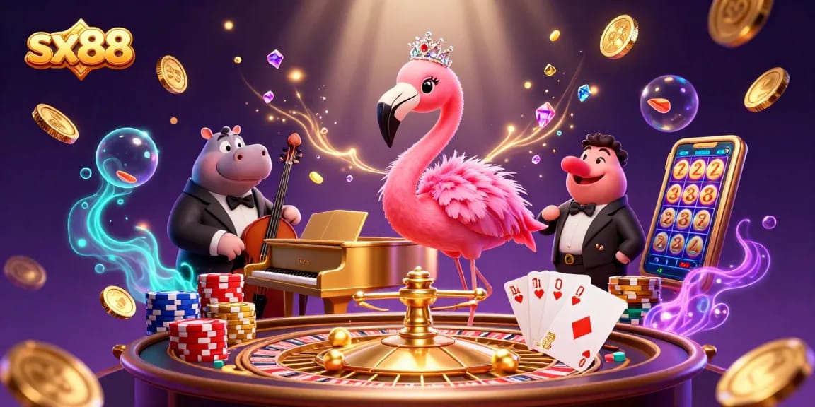 SX88 features a vibrant casino scene with a flamingo singer and hippo bassist, celebrating gaming excitement.