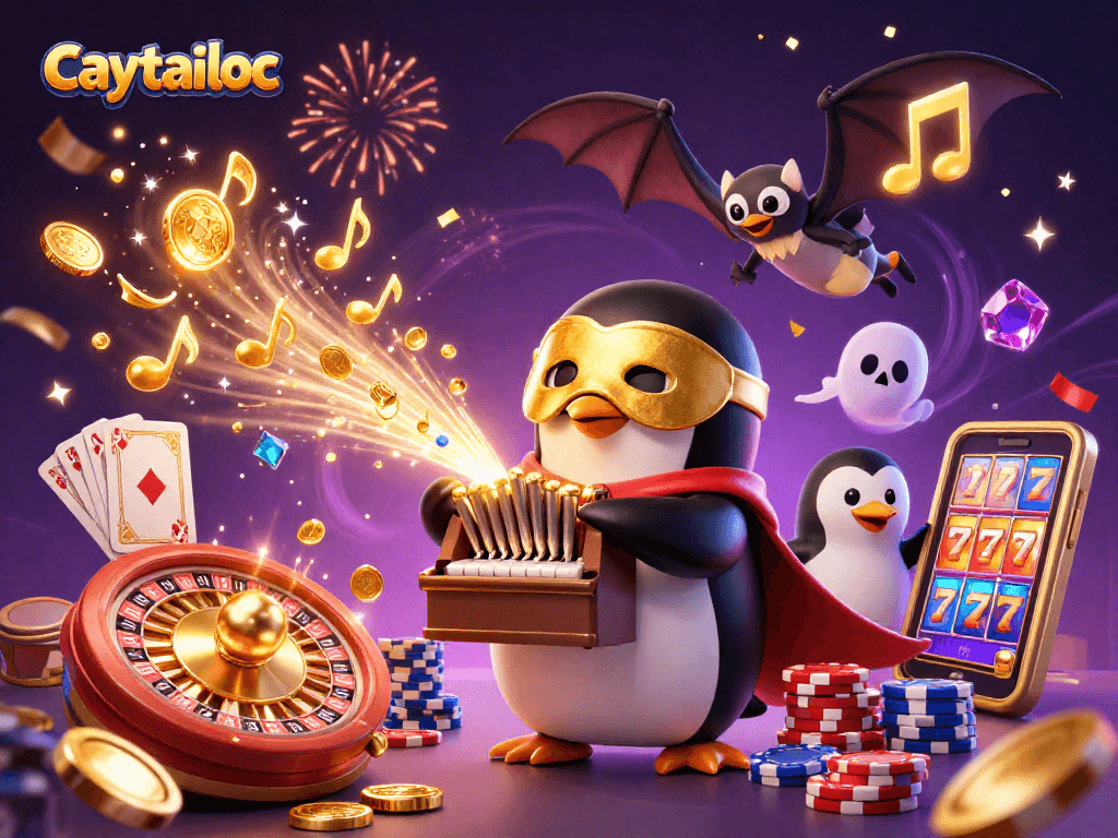 Experience the thrilling action of caytailoc, where golden coins cascade and slot reels spin in an exciting casino scene.