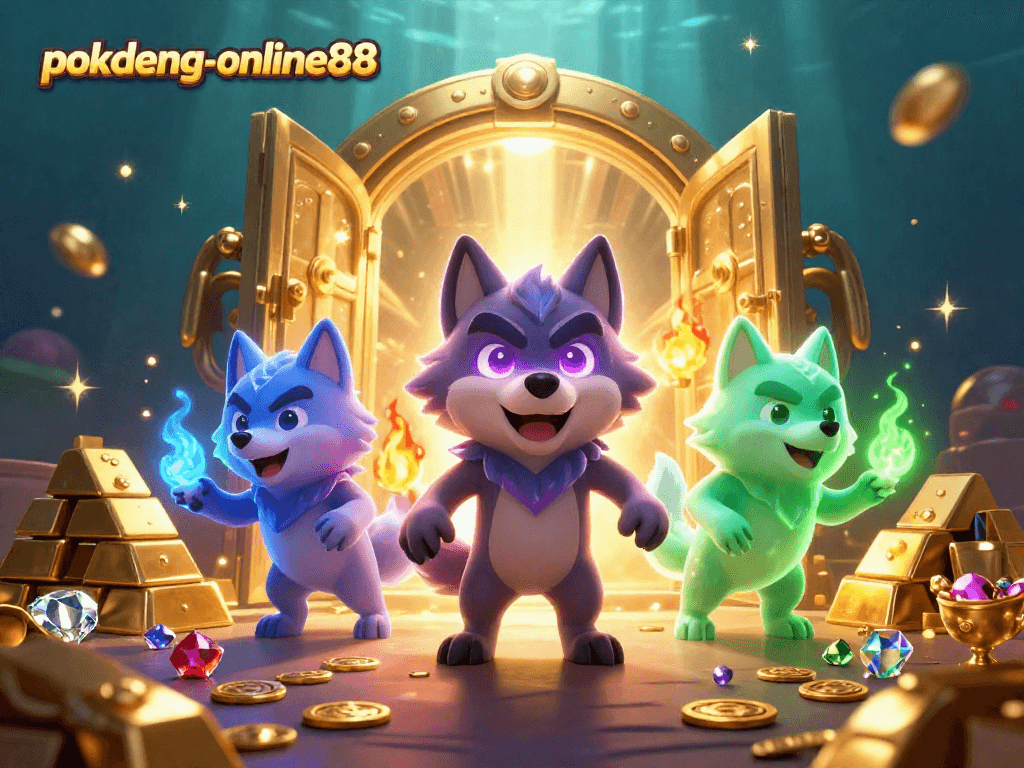 Experience thrilling gameplay with the dynamic characters from pokdeng-online88 amidst a treasure-filled scene.