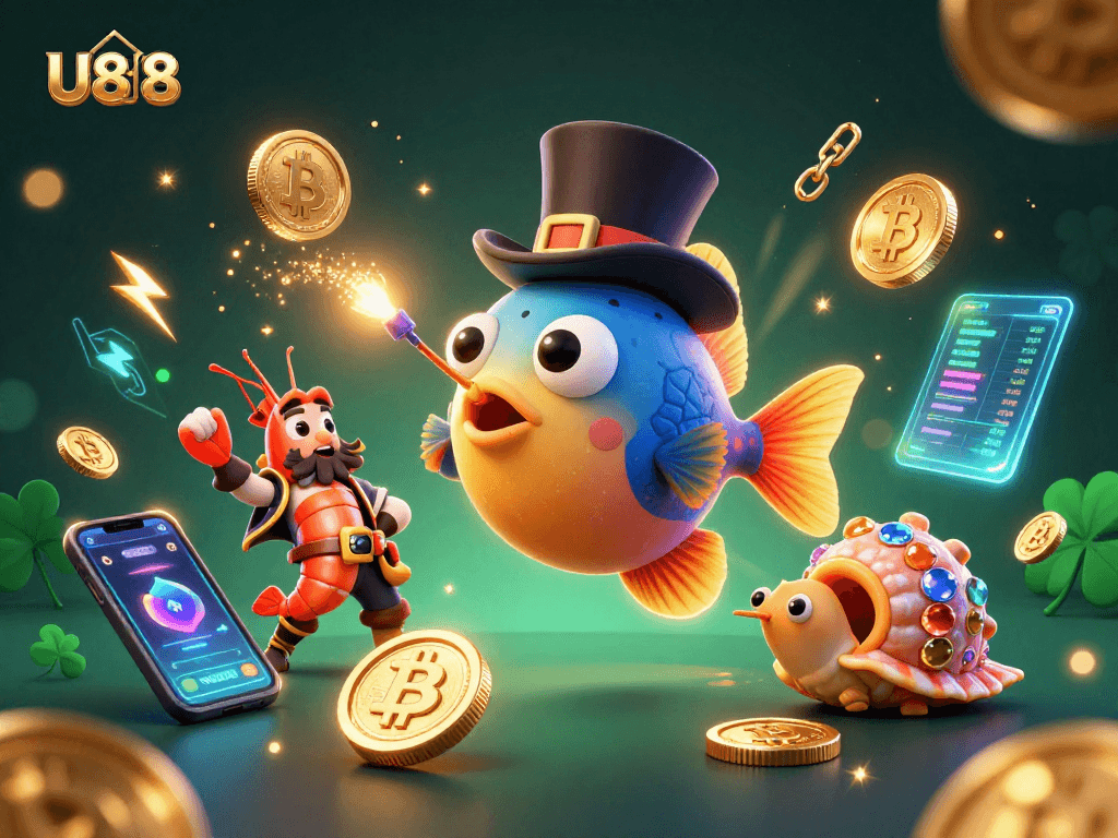 Engage with U888's vibrant 3D scene featuring a whimsical anglerfish and treasures, embodying the excitement of online gambling.