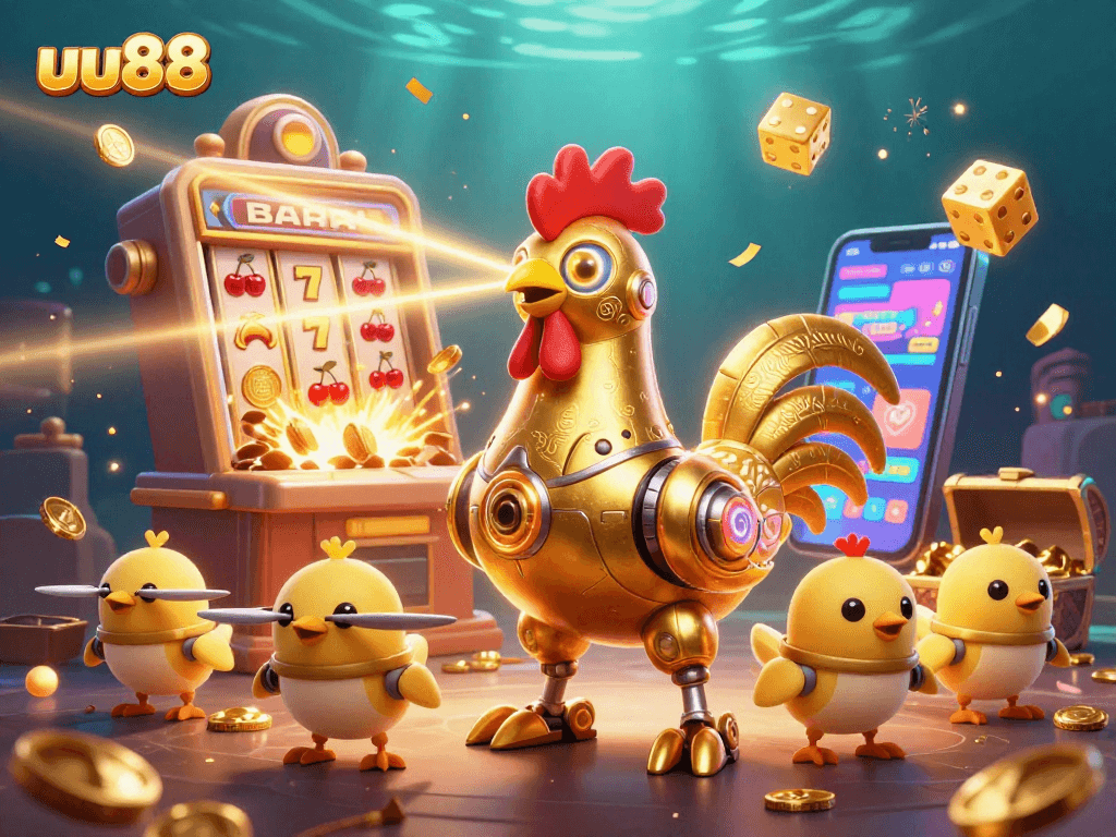 Experience the excitement at uu88's casino with vibrant graphics, featuring a golden rooster robot and baby chick drones amidst thrilling slot machine action.