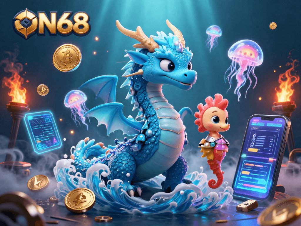 Engage with ON68’s vibrant underwater casino scene featuring a majestic dragon and neon jellyfish.