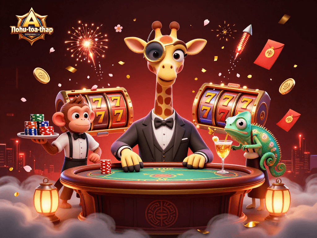 Engage in nohu-toa-thap as a high-roller giraffe enjoys a VIP atmosphere of dynamic slot reels.