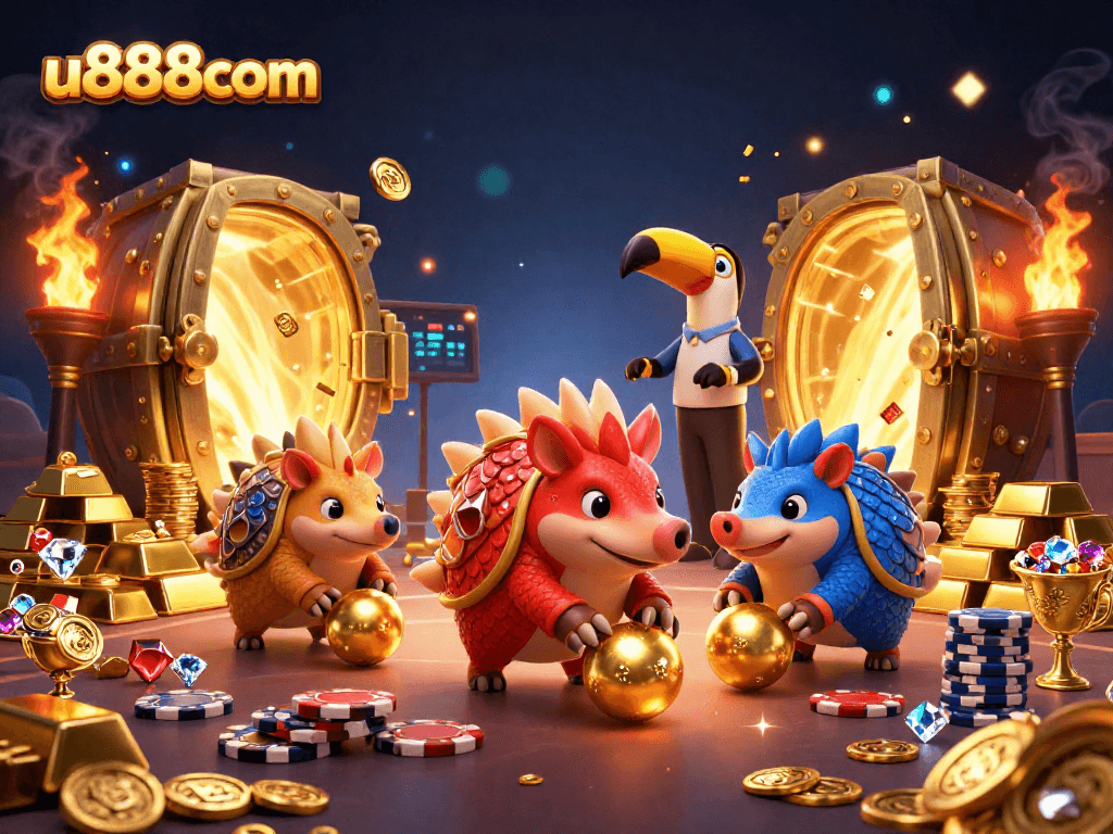 Experience thrilling gameplay at u888com with a vibrant 3D illustration of casino action and exciting characters.