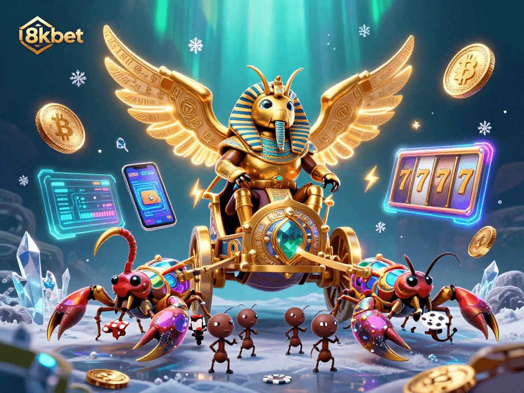 Experience thrilling action with 8kbet featuring a golden scarab beetle and vibrant casino elements.