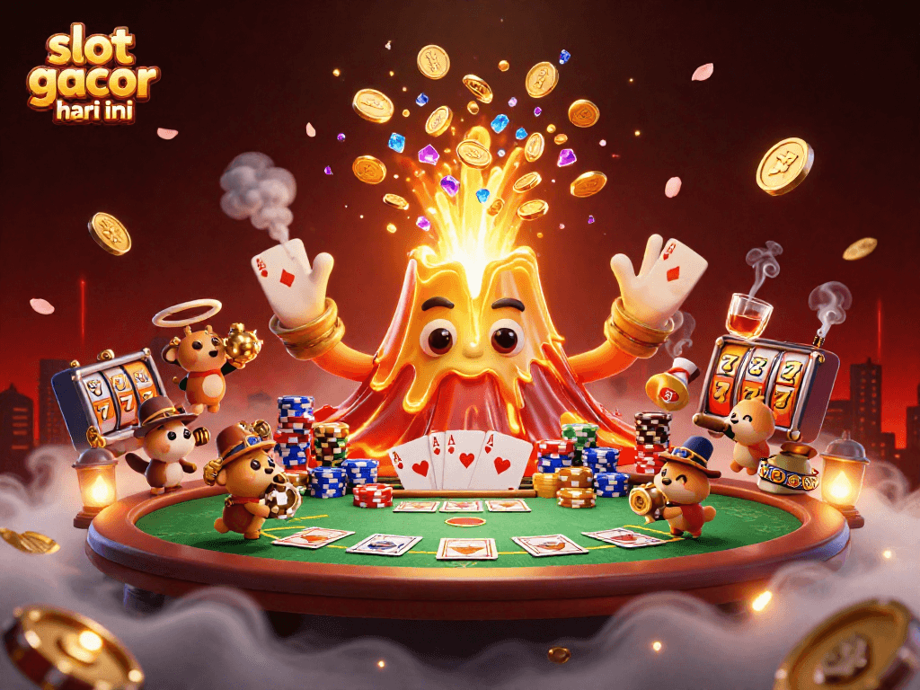 Engage with slot gacor hari ini through vibrant treasure erupting from a volcano, surrounded by dynamic casino elements.