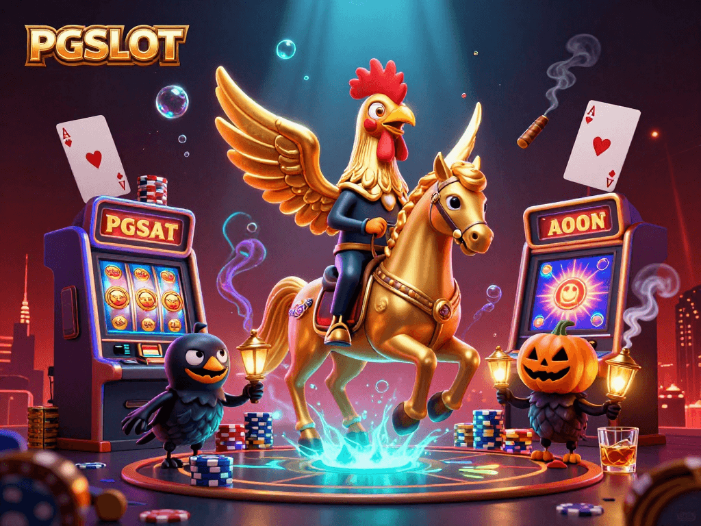 Spin the PGSLOT reels with excitement amidst a vibrant 3D casino atmosphere.