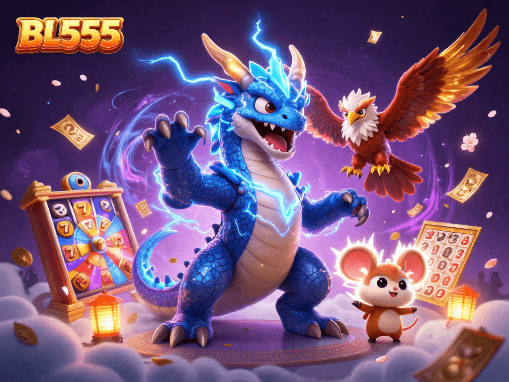 Engage in thrilling slots action at BL555 with vibrant winning characters and dynamic game elements in a magical atmosphere.