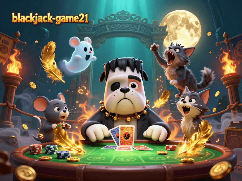Engage in blackjack-game21 with thrilling action featuring a bulldog dealer and mystical elements.