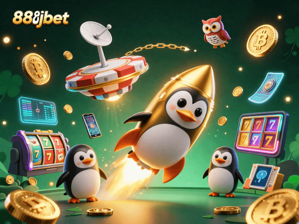 Experience thrilling gameplay with 88jbet as a golden penguin powers through a vibrant cosmic casino.