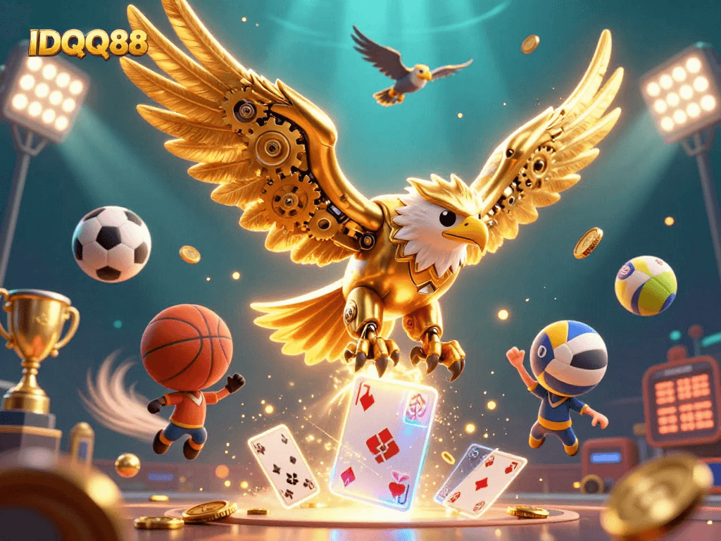 IDQQ88 showcases a dynamic scene of a cybernetic eagle and sports elements in a rich, vibrant casino illustration.