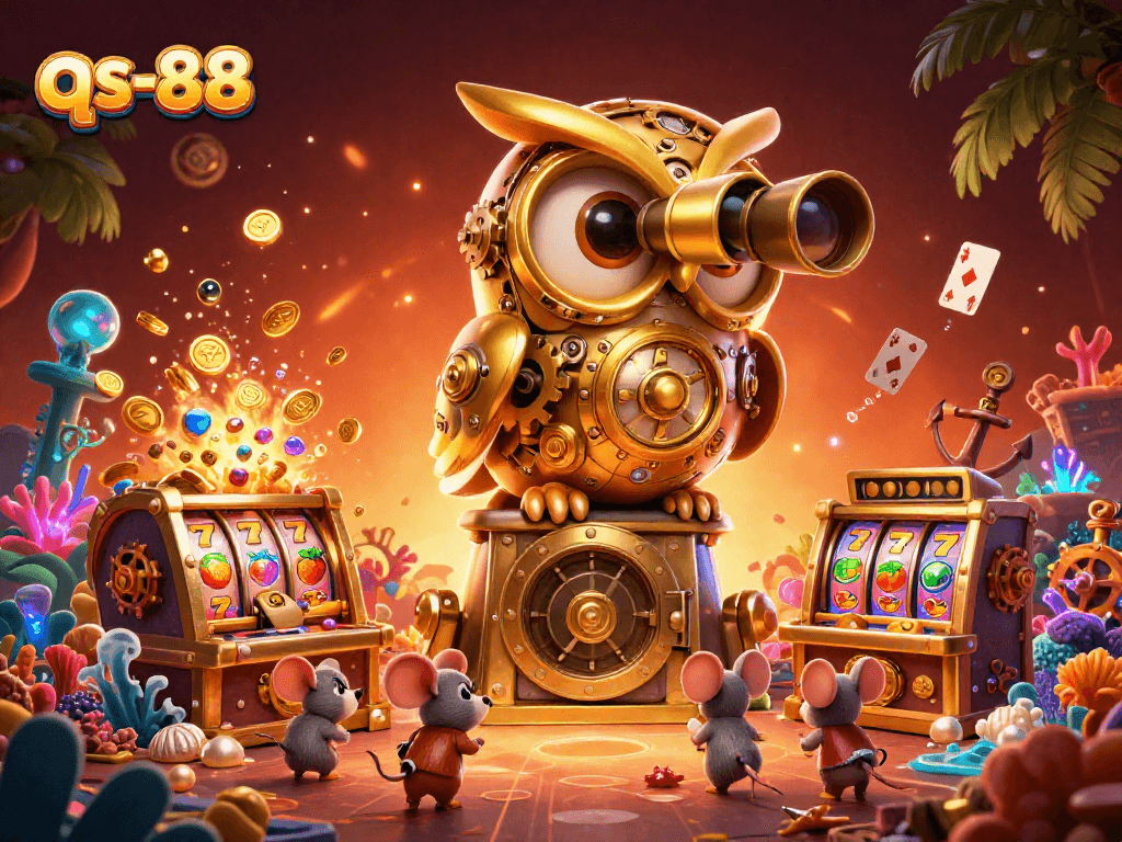 Engage with qs-88's dynamic casino scene featuring vibrant slots, a golden owl, and whimsical characters.