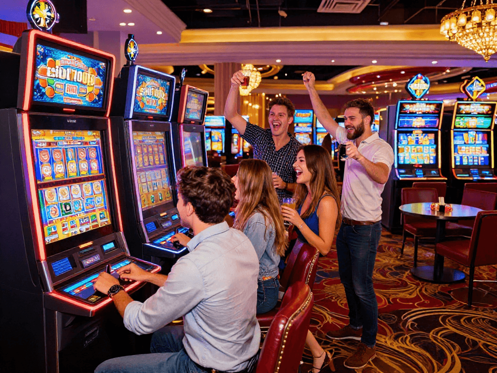 Pengguna bermain di mesin slot7000 di kasino dengan atmosfer meriah dan penuh warna.