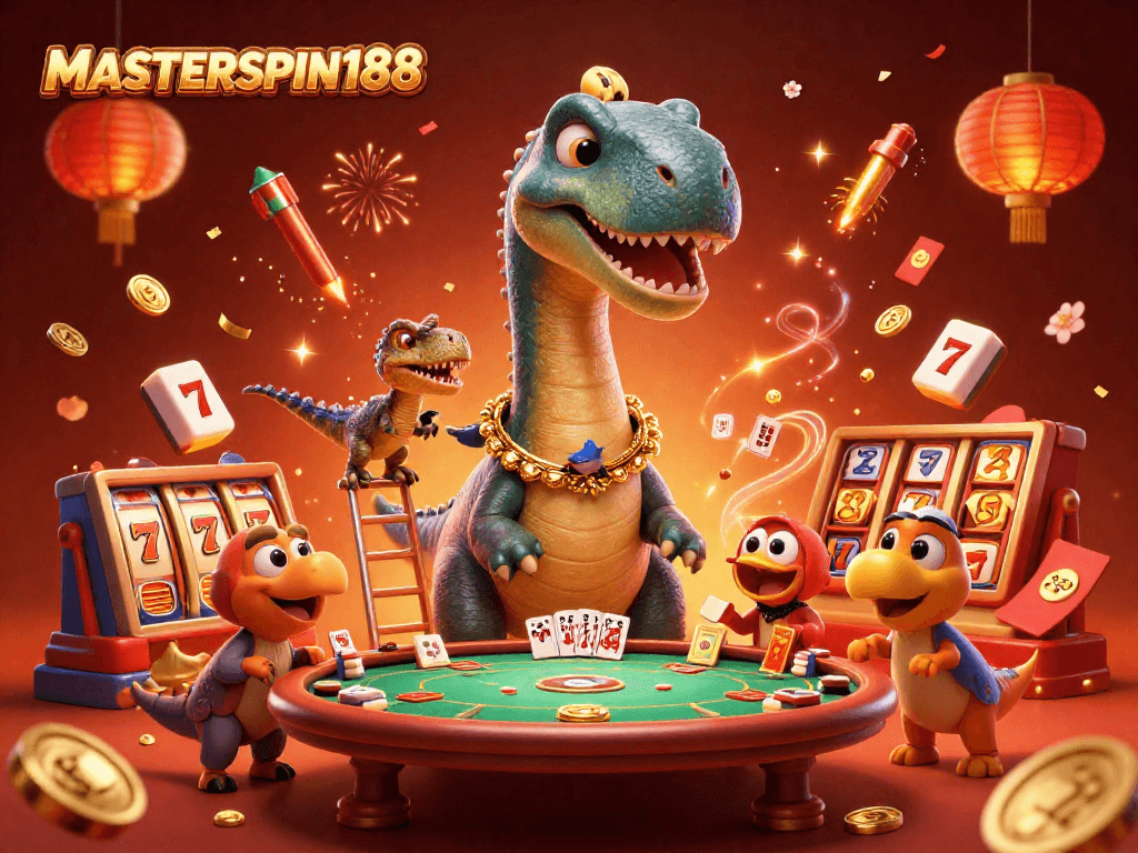 Experience excitement with the MASTERSPIN188 brontosaurus at an animated casino scene.