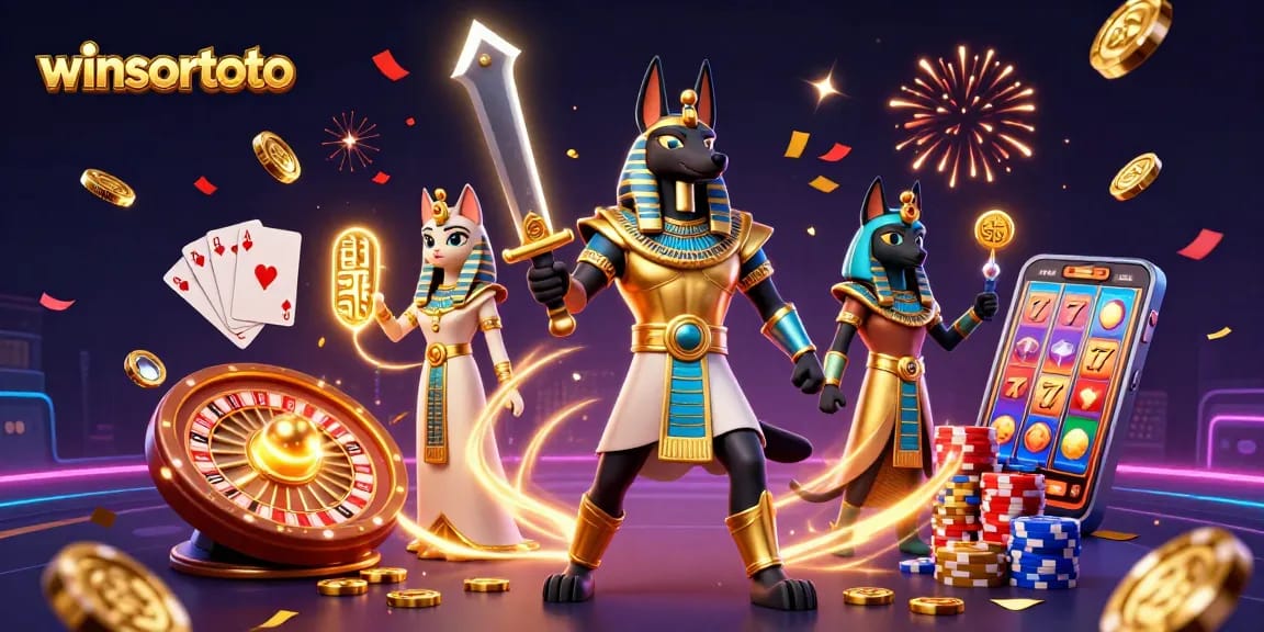 Menangkan hadiah besar di winsortoto dengan Anubis dan Bastet yang menggenggam koin emas.