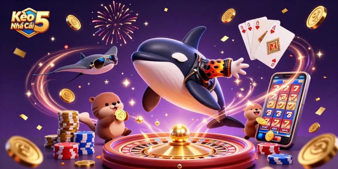 Kèo Nhà Cái 5 showcases a vibrant casino scene with lively characters celebrating amidst golden coins and dazzling game elements.