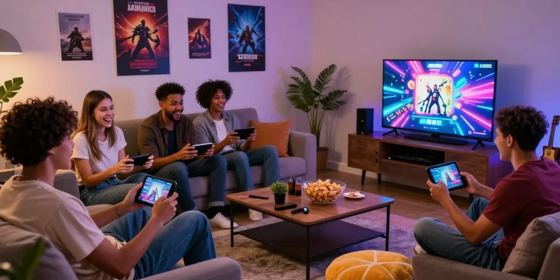 Engaging scene of friends playing sexgames online in a cozy living room, fostering connections and excitement.