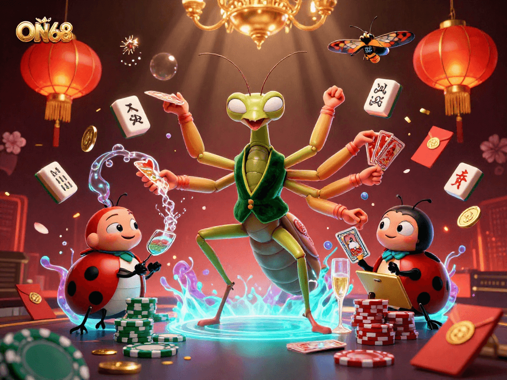 Engage in thrilling gameplay at ON68 with a dynamic 3D illustration of a card sharp and pit boss.