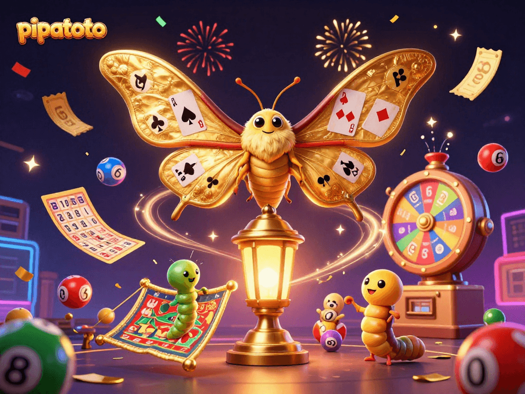 Spin the excitement with pipatoto's vibrant 3D illustration of lottery and casino elements in action.