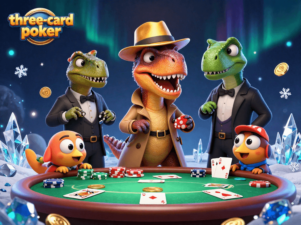Experience three-card-poker with a velociraptor card counter and stegosaurus pit boss in a dynamic casino scene.