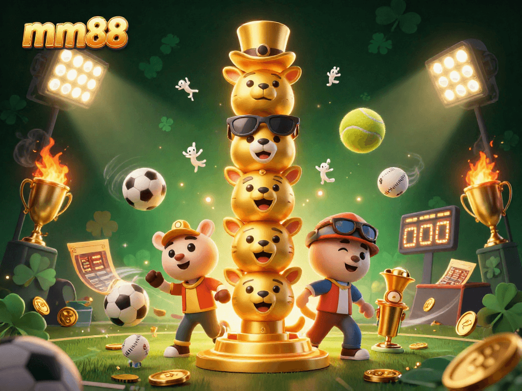 Experience the excitement of mm88 with dynamic sports betting elements in a vibrant 3D casino scene.