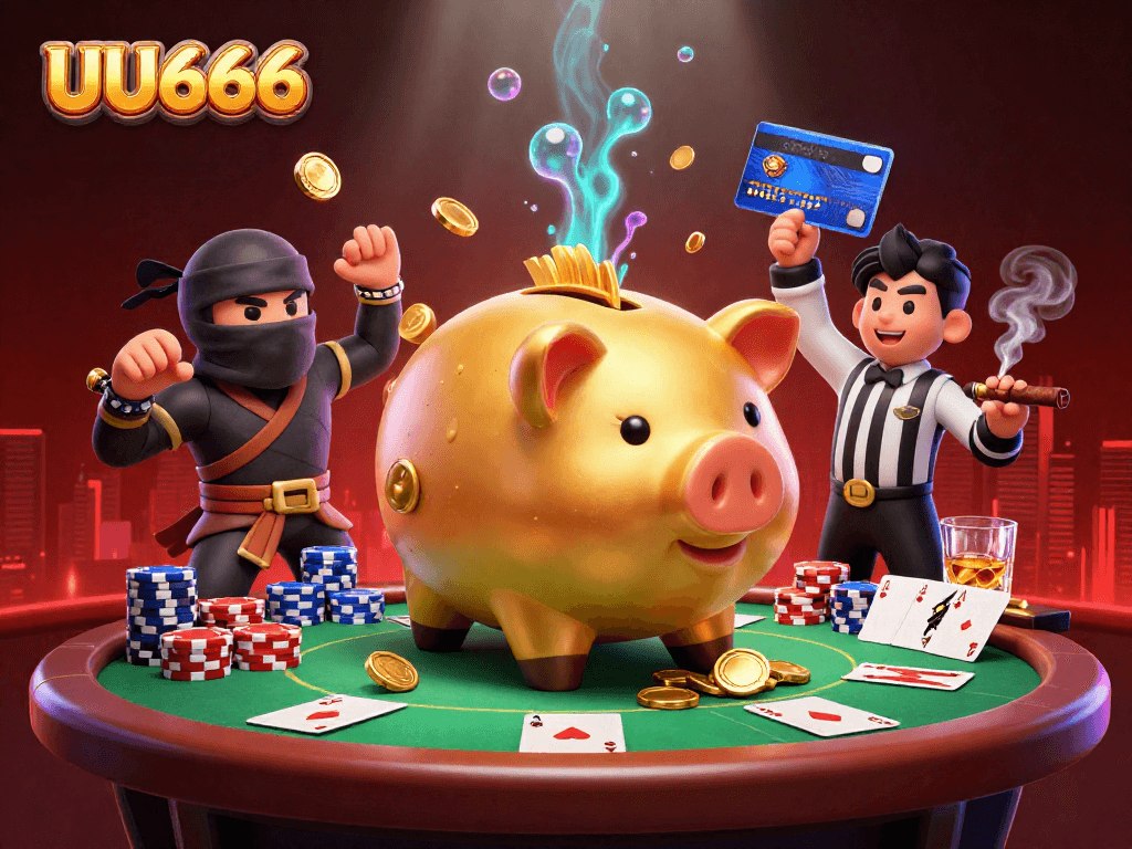 UU666 features a golden piggy bank sumo wrestler shaking loose coins amidst a vibrant casino scene.