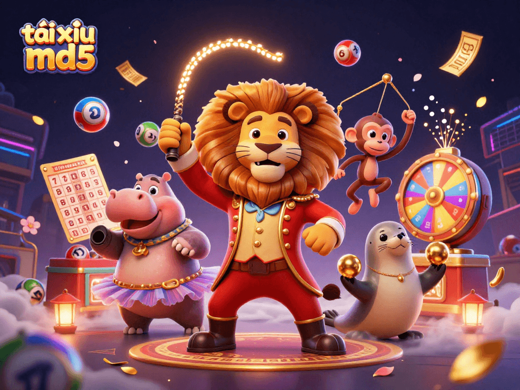 Engage in the excitement of tài xỉu md5 with a vibrant casino scene featuring lively characters and dynamic game elements.