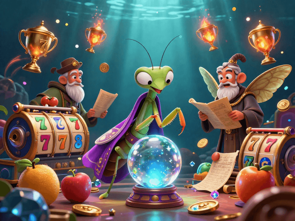 Join the excitement of O8 with jackpot slots and a mystical fortune teller in this vibrant casino scene.