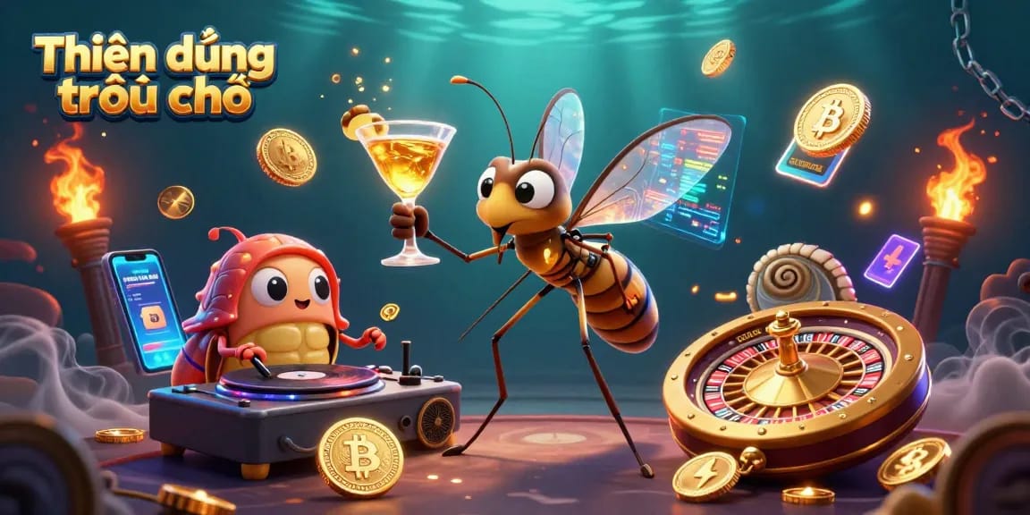 Engage with Thiên đường trò chơi through a vibrant 3D casino scene showcasing unique characters and elements.