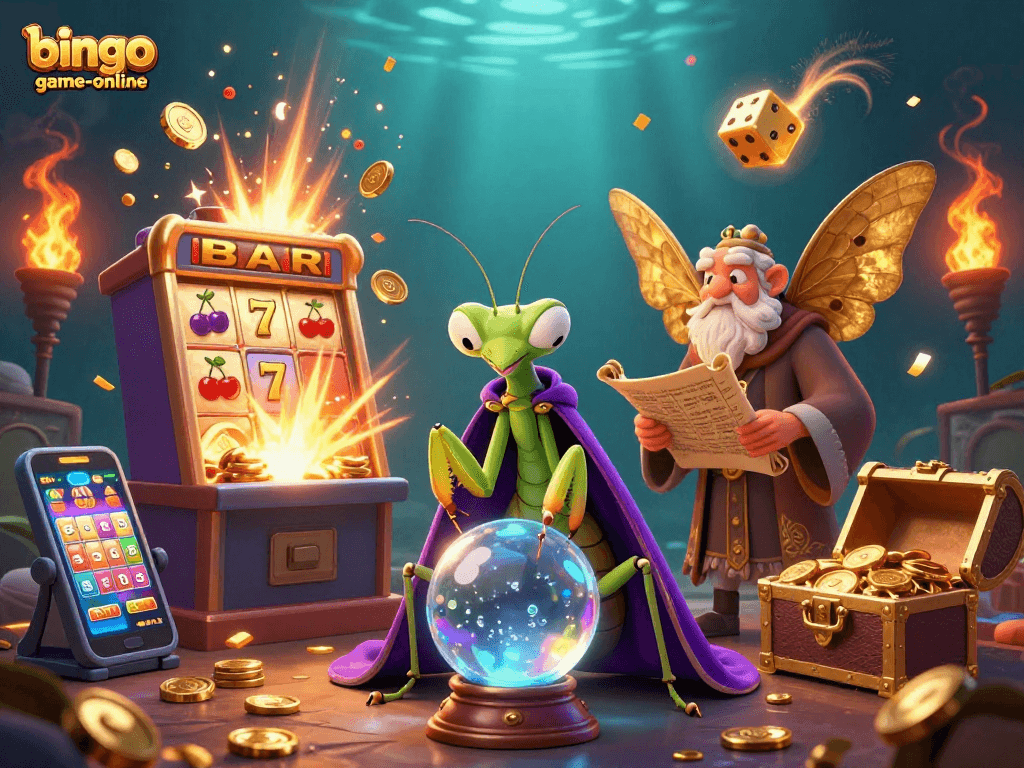 Engage with bingo-game-online in an exciting jackpot scene featuring fortune teller, moth librarian, and dynamic gaming elements.