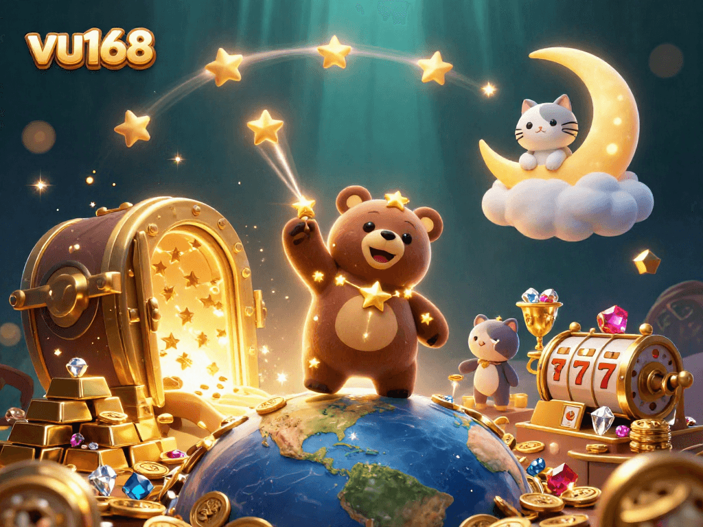 vu168 showcases an enchanting scene of a golden constellation bear collecting coins amid vibrant casino elements and treasures.