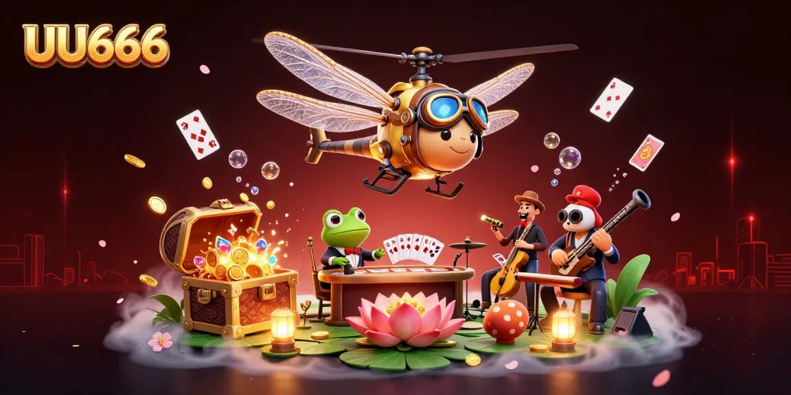Join the fun at UU666 with a vibrant scene of a dragonfly pilot and frog croupier dealing cards.