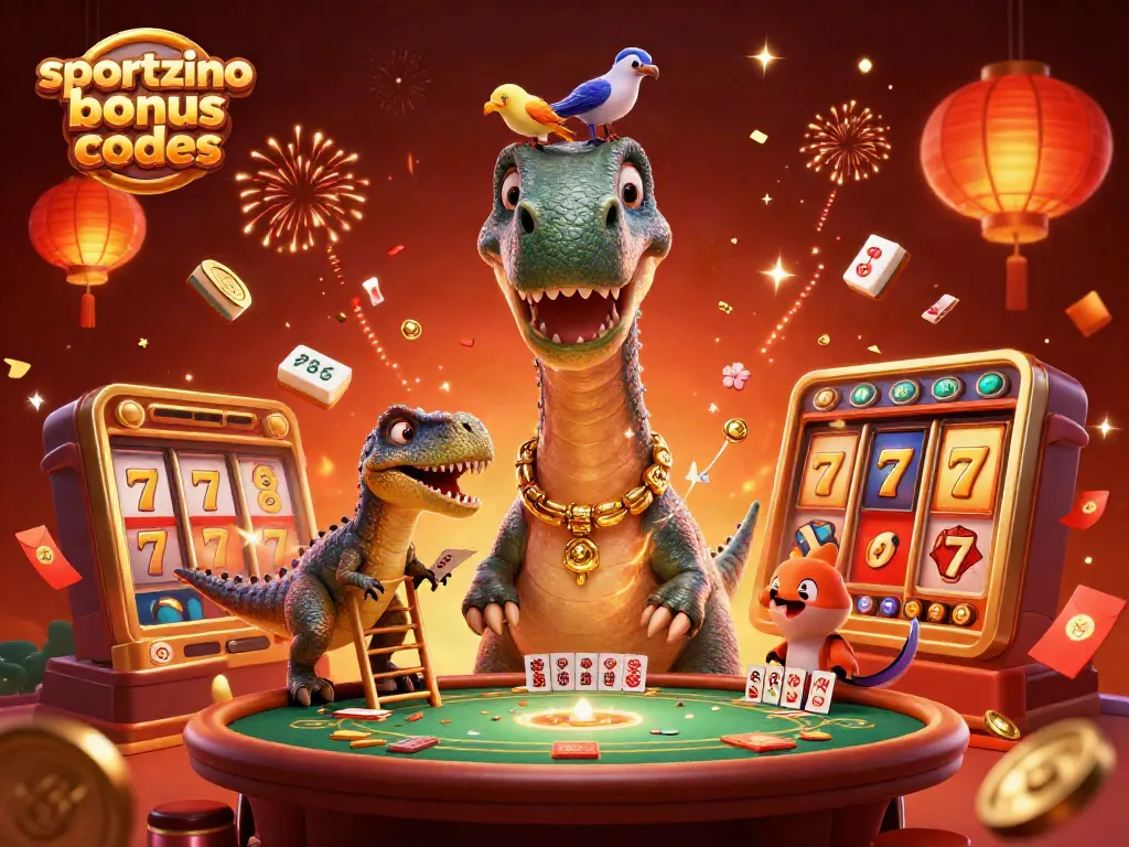 Win big with Sportzino bonus codes in a vibrant casino scene with a dinosaur and vibrant gaming elements.