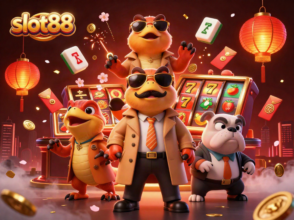 Rasakan keseruan slot88 dengan tiga raptor dalam jas, beraksi di kasino VIP berkilauan.